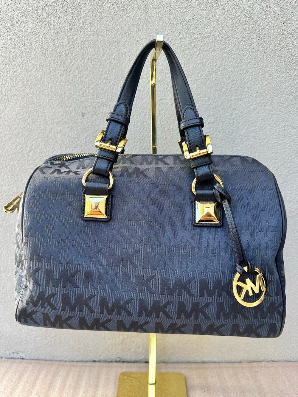 Michael Kors Hamilton Large Satchel Navy Signature Logo Jacquard Gold Hardware